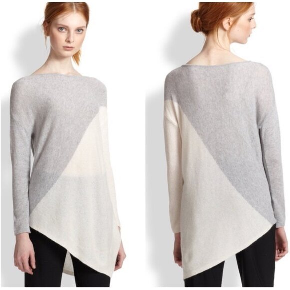 Alice + Olivia Sweaters - Alice + Olivia Gray Cream Colorblock Asymmetrical Hem Wool Angora Blend Sweater